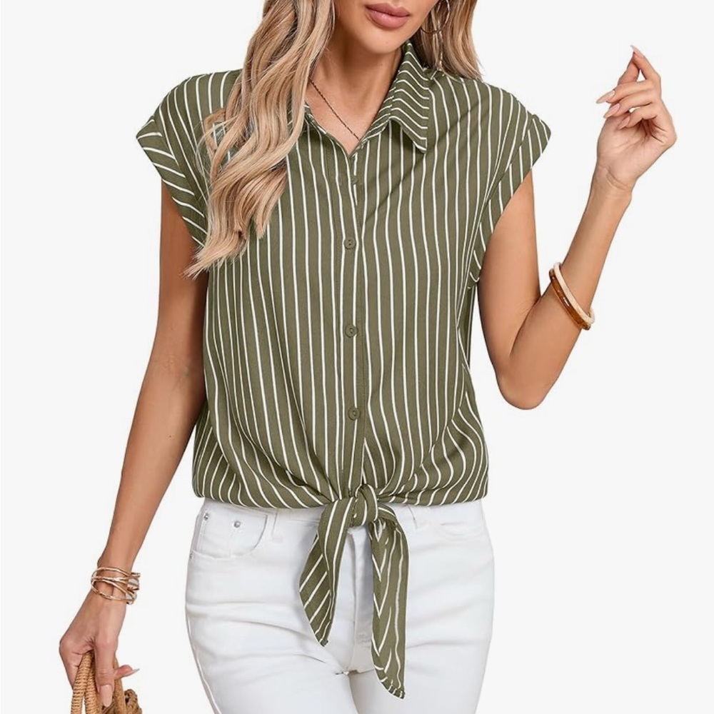 Striped Olive Green Tie-Front Blouse Sz Large NWT